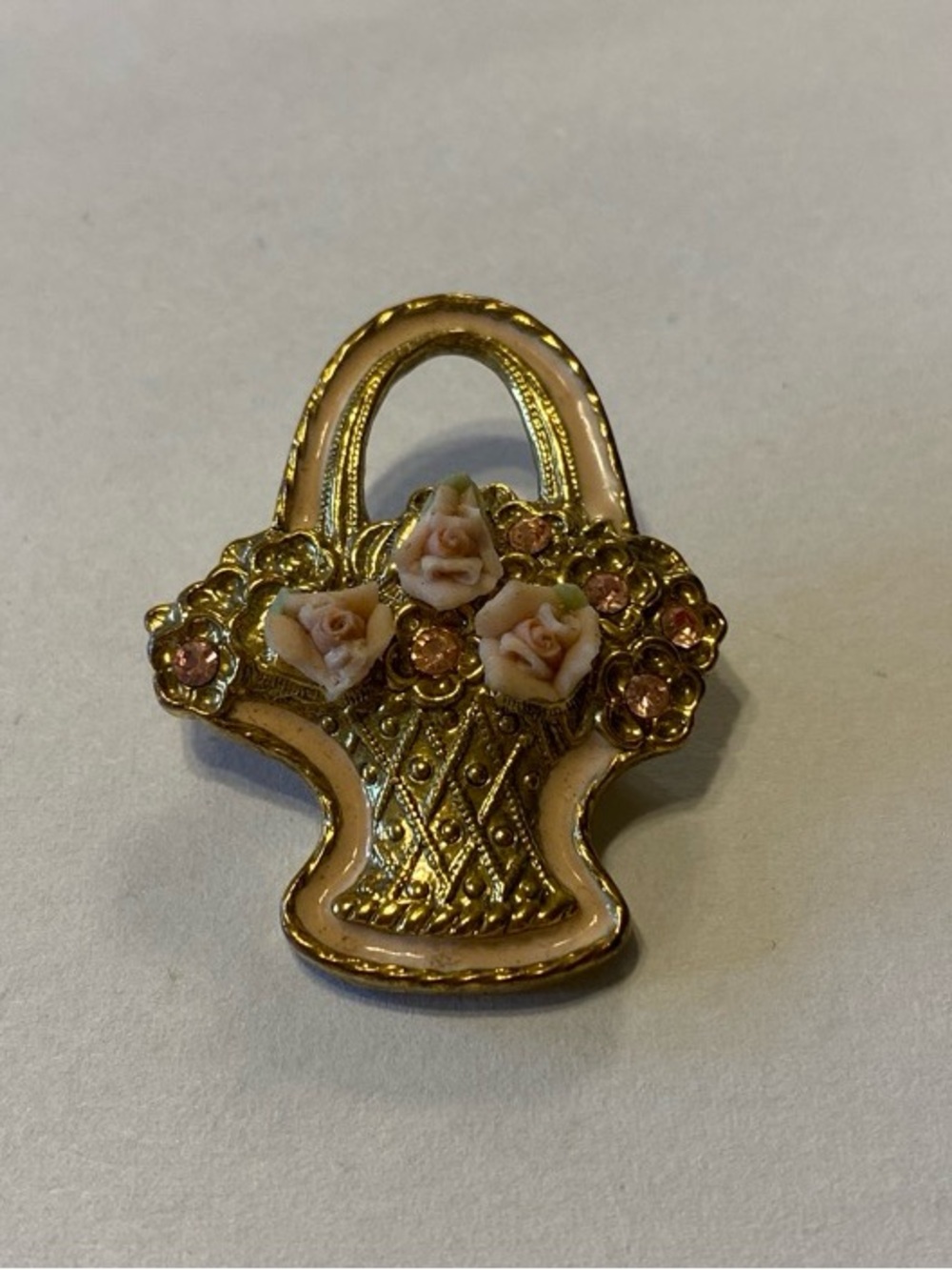 Gold Tone Floral Basket Brooch with Pink Enamel Roses